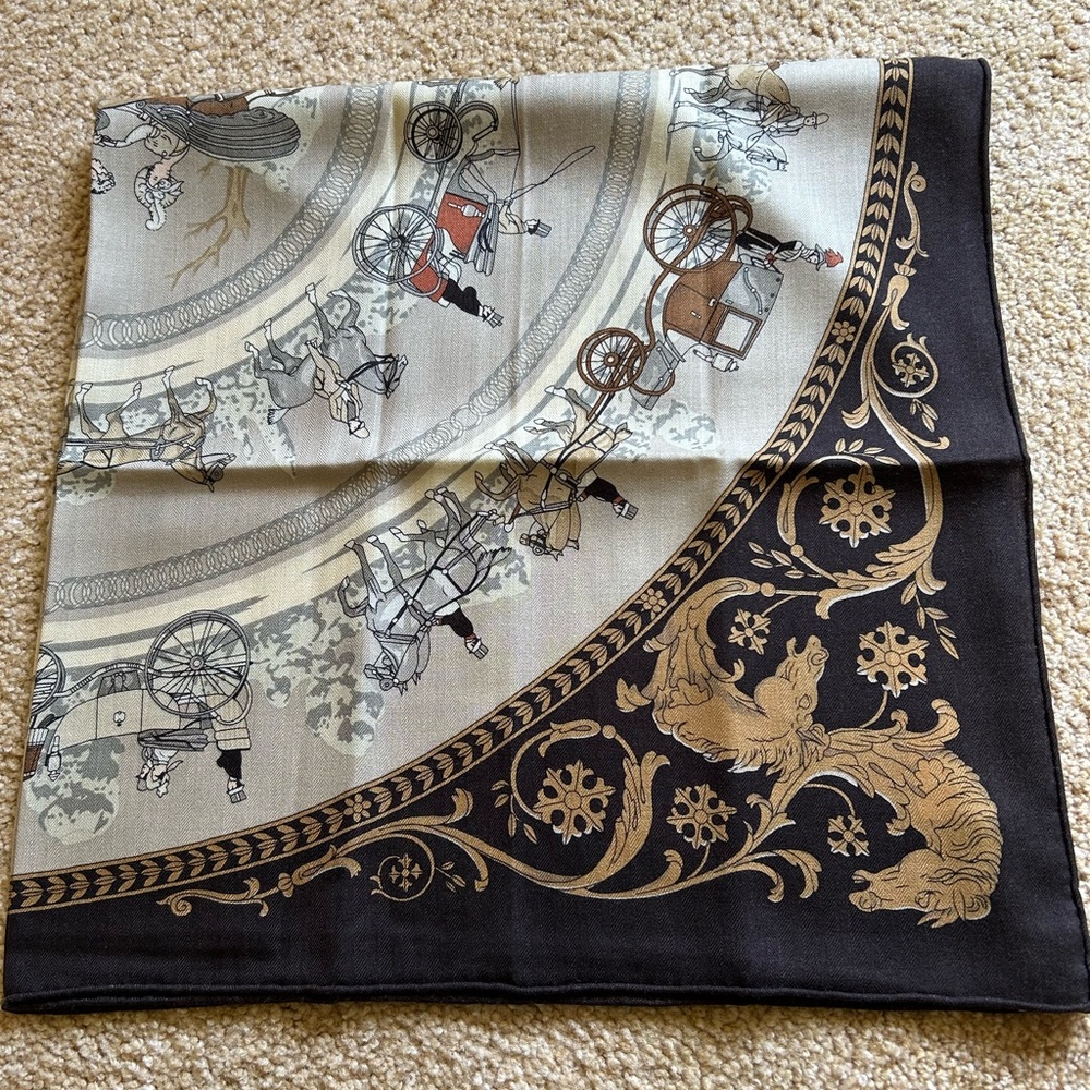 NWT Equestrian Horse Carriage Silk Wool Scarf 100x100cm Hermes Style - Picture 7 of 10